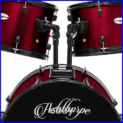 Ashthorpe 5-Piece Complete Full Size Adult Drum Set with Remo Batter Heads Red