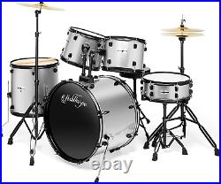 Ashthorpe 5-Piece Complete Full Size Adult Drum Set with Remo Batter Heads Sil